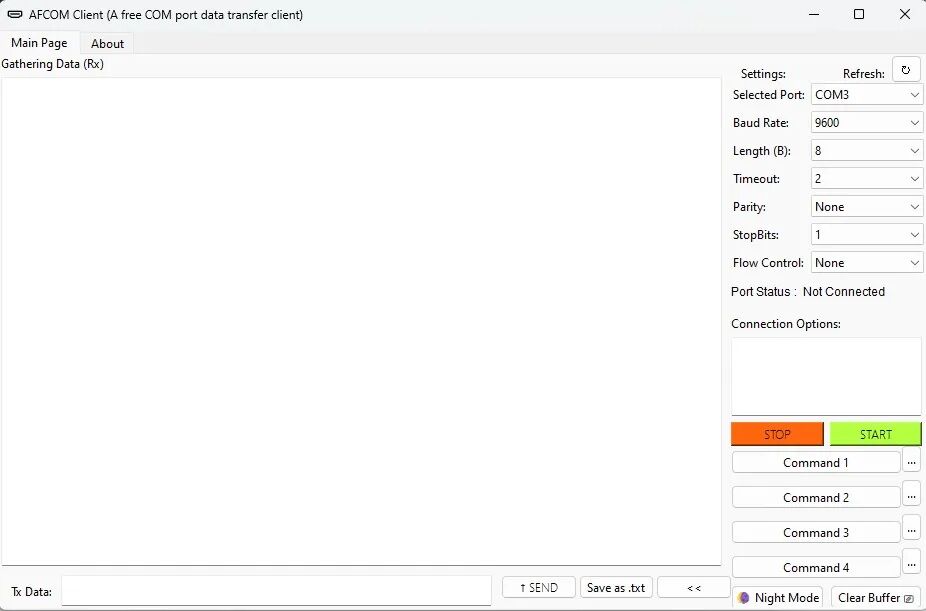 AFCOM Client 软件主界面截图，展示了串口参数设置和数据收发区域