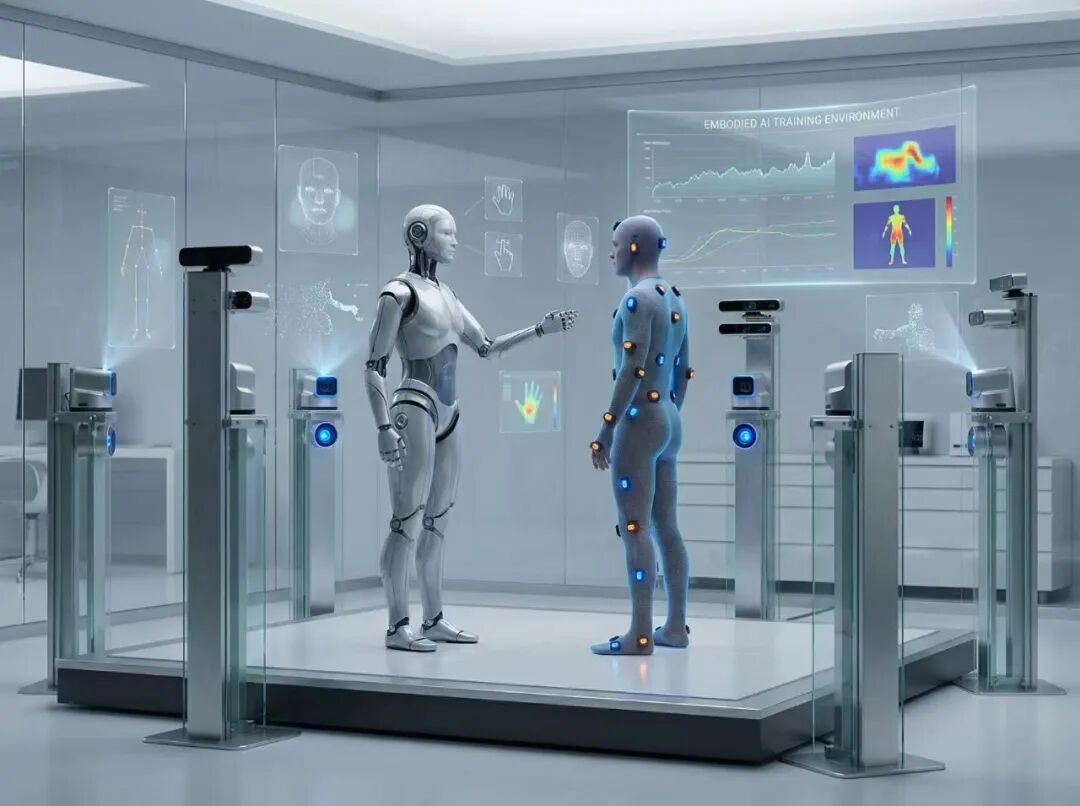 未来科技感AI训练环境，人形机器人与蓝色半透明人体模型互动，周围环绕传感设备和全息界面