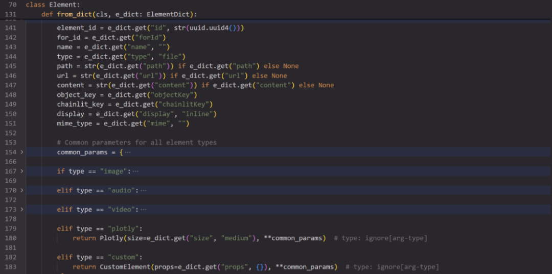 代码编辑器截图，显示 Element 类的 from_dict 方法，代码逻辑中提取了 path、url 等多个字段。