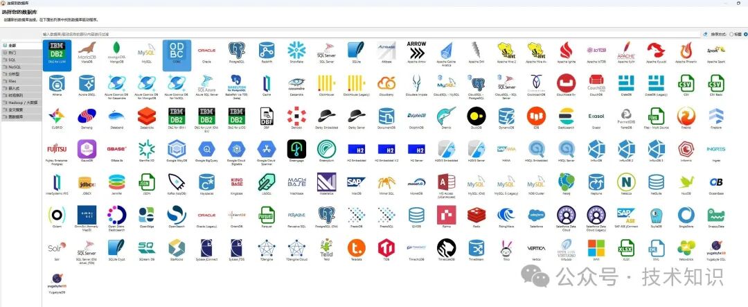 DBeaver支持的部分数据库与中间件技术栈图标