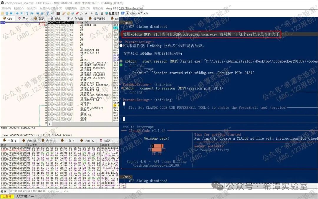 x64dbg动态调试分析界面