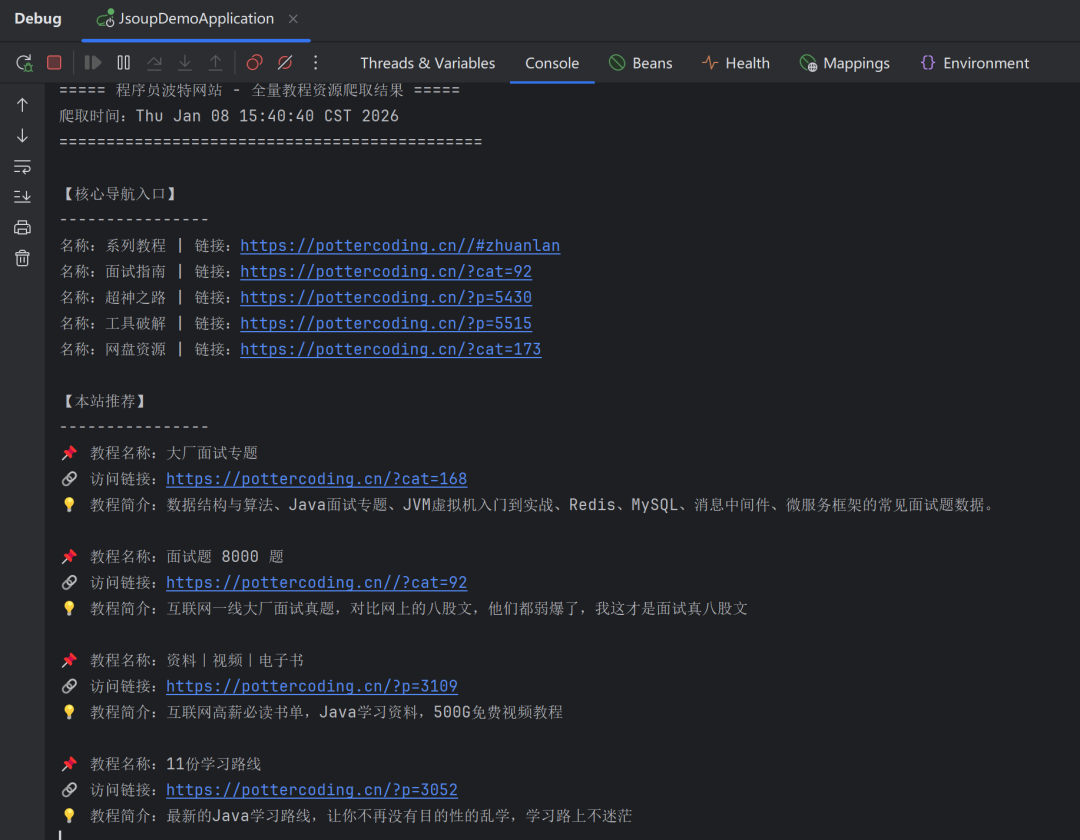 爬虫程序运行后控制台输出的格式化结果