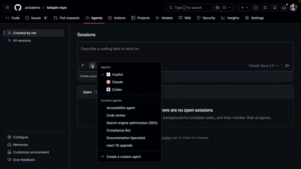 GitHub 仓库内的 Agents 界面