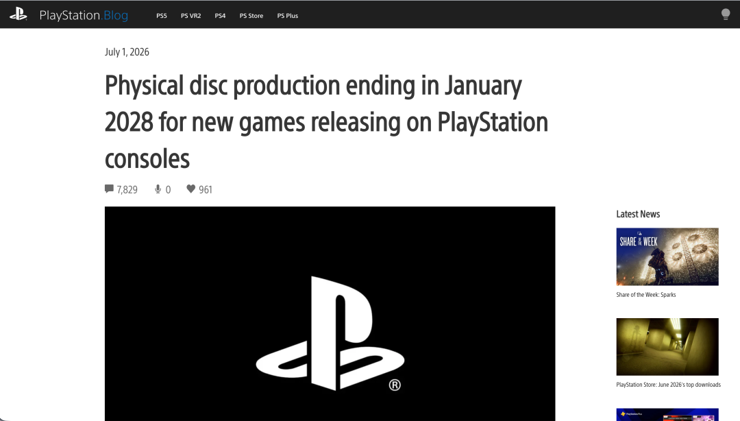 索尼PlayStation Blog发布的实体光盘停产公告截图 | 来源:PlayStation Blog