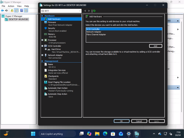 Hyper-V 虚拟机设置窗口 GS-W11 深色模式截图
