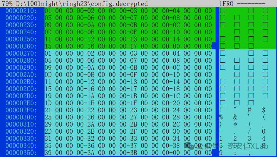 十六进制数据查看器界面，左侧为地址偏移，中间为十六进制数据，右侧为对应的ASCII字符