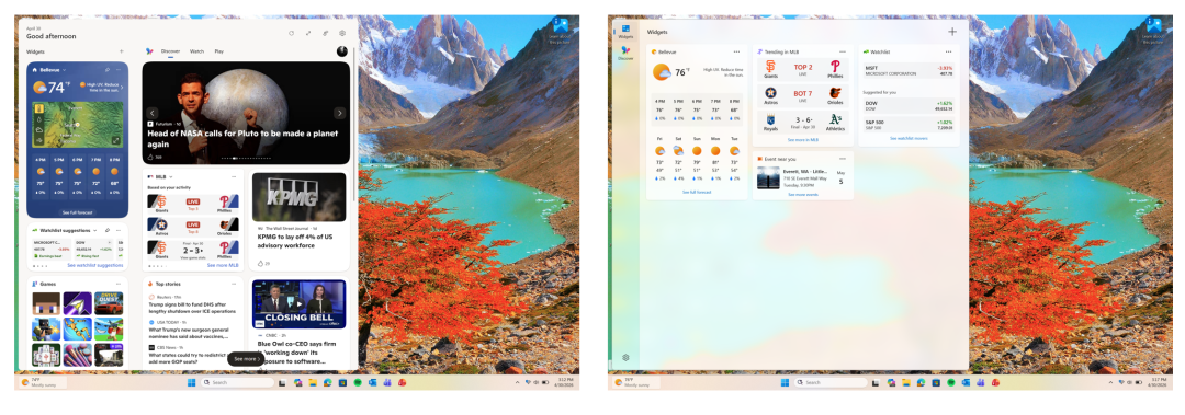 Windows 11 小组件面板对比：包含天气、新闻、体育比分等模块的不同状态