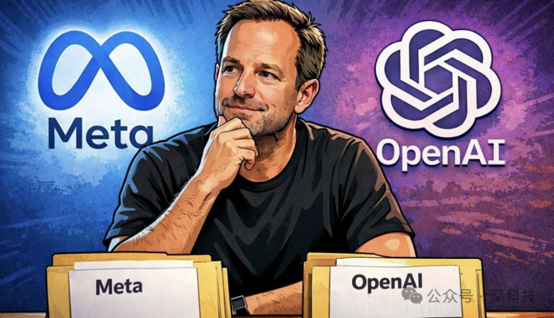 描绘Meta与OpenAI两大巨头对弈的卡通插画，左侧蓝色Meta标志，右侧紫色OpenAI标志