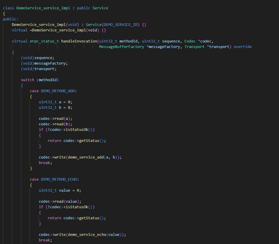 demo_service_server.cpp服务端骨架代码,按方法ID路由到业务实现