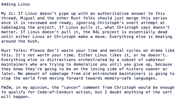 Hector Martin呼吁Linus介入并批评“癌症”言论的邮件截图