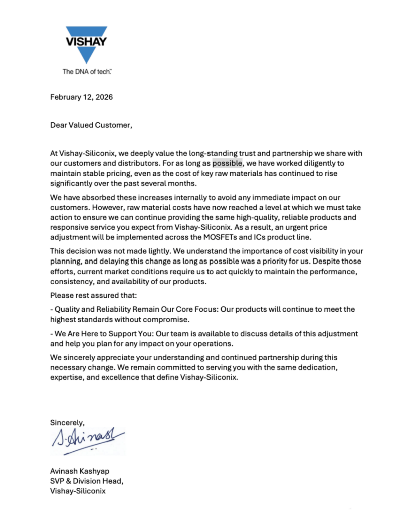 Vishay-Siliconix涨价信函