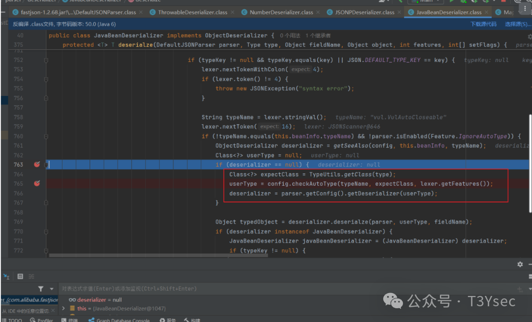 JavaBeanDeserializer.deserialize 中再次调用 checkAutoType