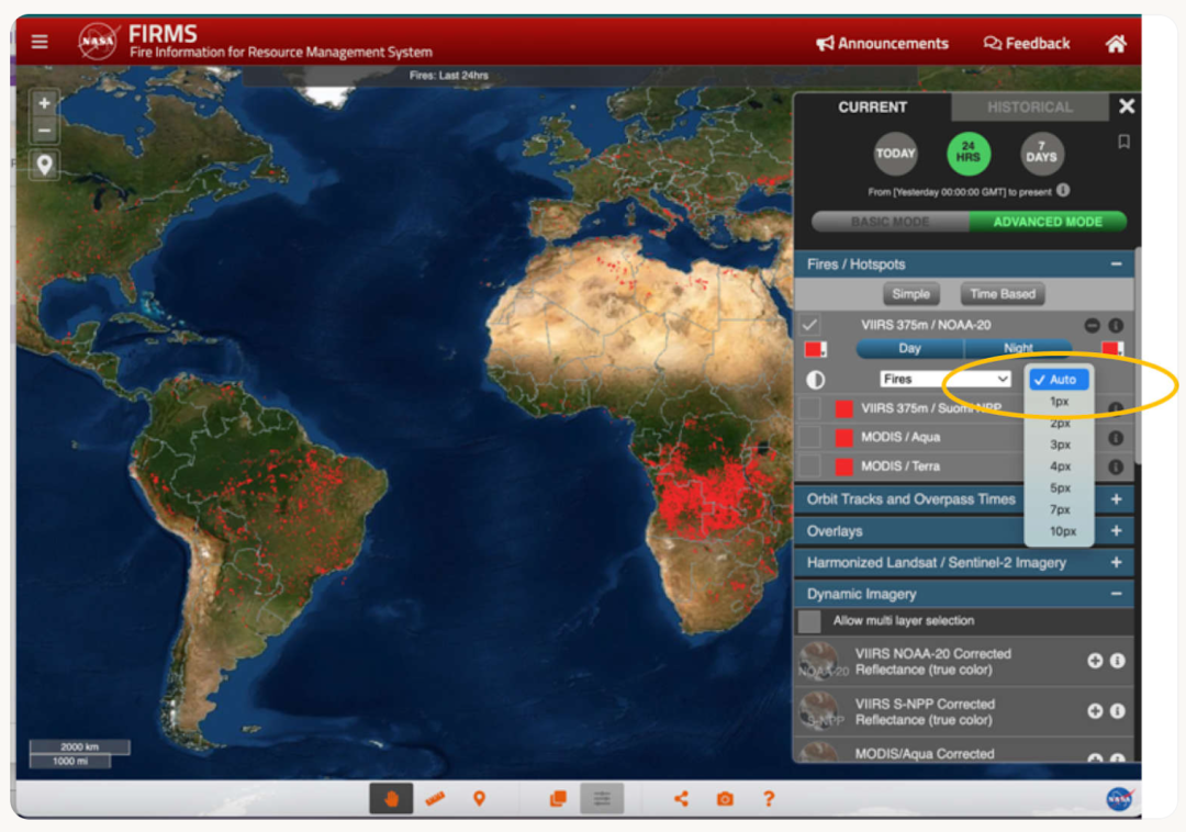 NASA FIRMS系统界面,显示全球火点热异常分布及图层控制面板