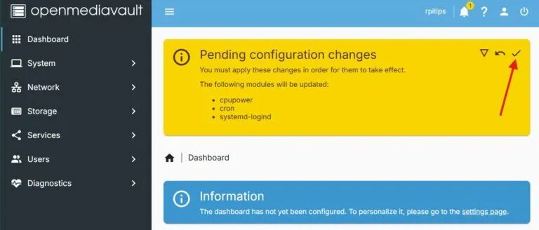 OMV仪表盘待处理配置更改提示