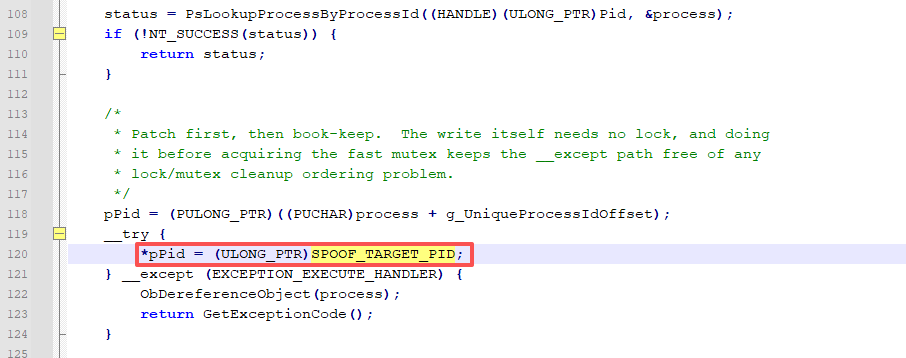 修改 EPROCESS UniqueProcessId 字段实现 PID 伪装的代码截图