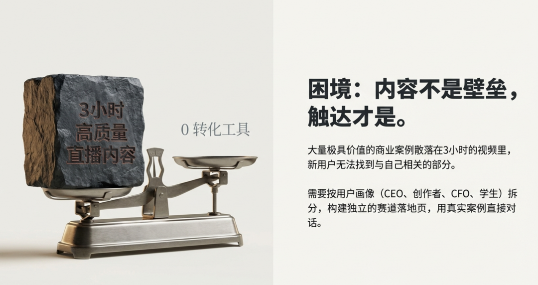 内容转化困境示意图：高质量内容 vs 零转化工具