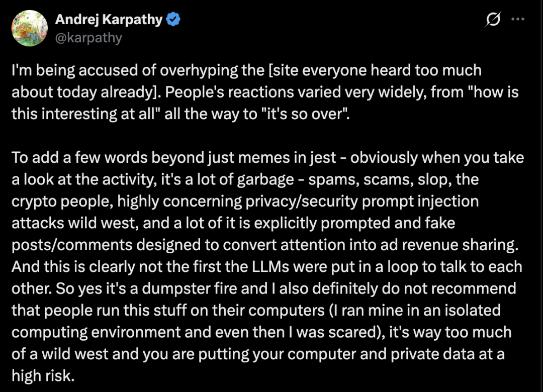 Andrej Karpathy 关于 Moltbook 的推文截图