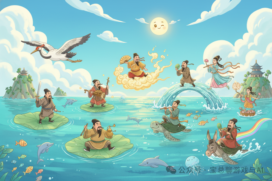 一幅描绘各路神仙各显神通的奇幻卡通插画