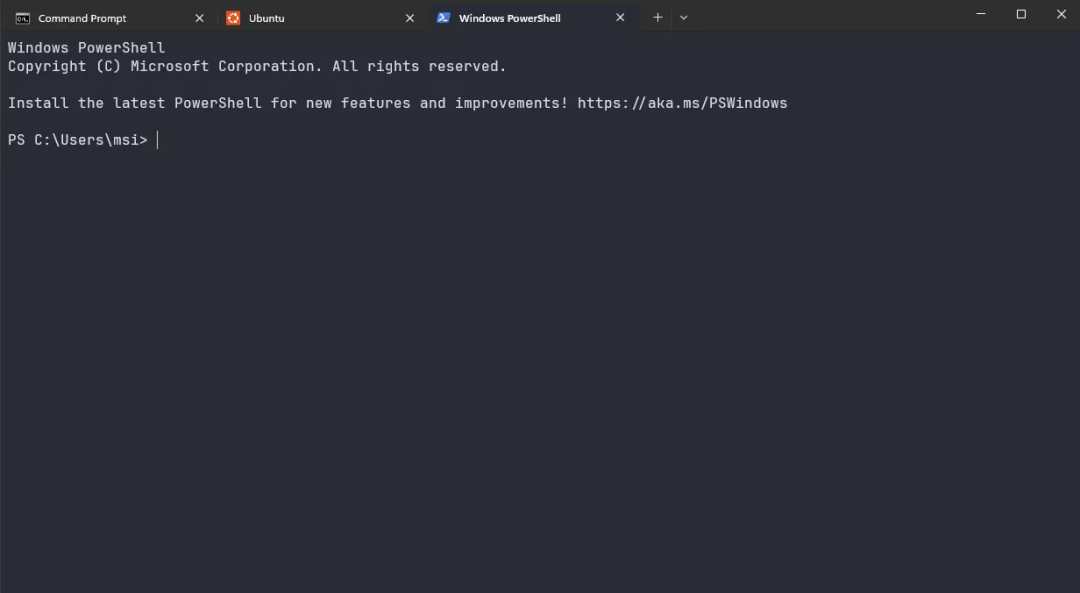 Windows PowerShell 终端界面，标签页可同时管理 Command Prompt 和 Ubuntu 等多个 Shell