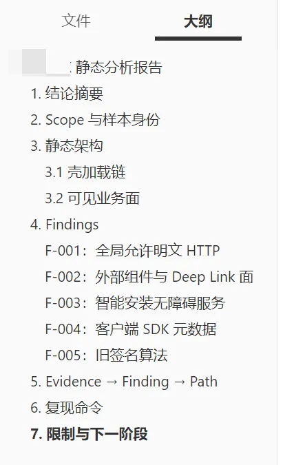 静态分析报告大纲,包含结论摘要、静态架构、Findings、复现命令等章节