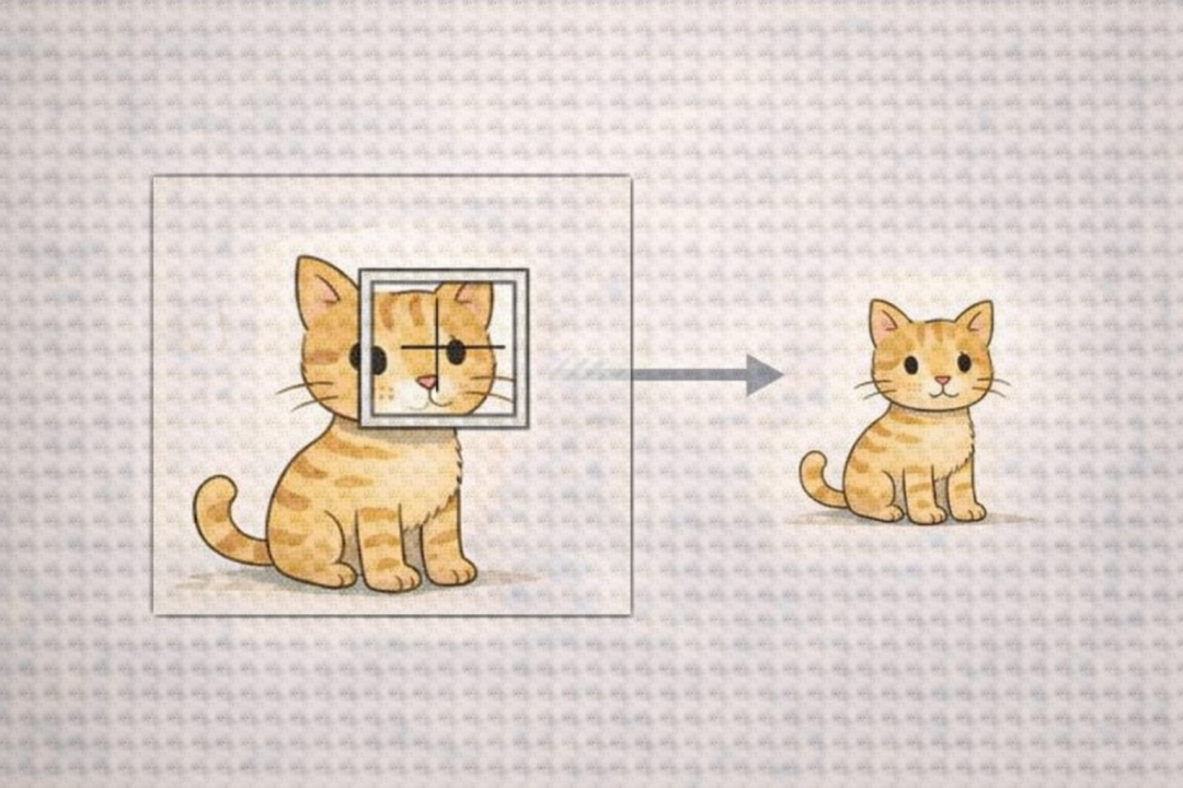 CNN平移不变性示意图：从大图中裁剪猫脸局部，映射到小图