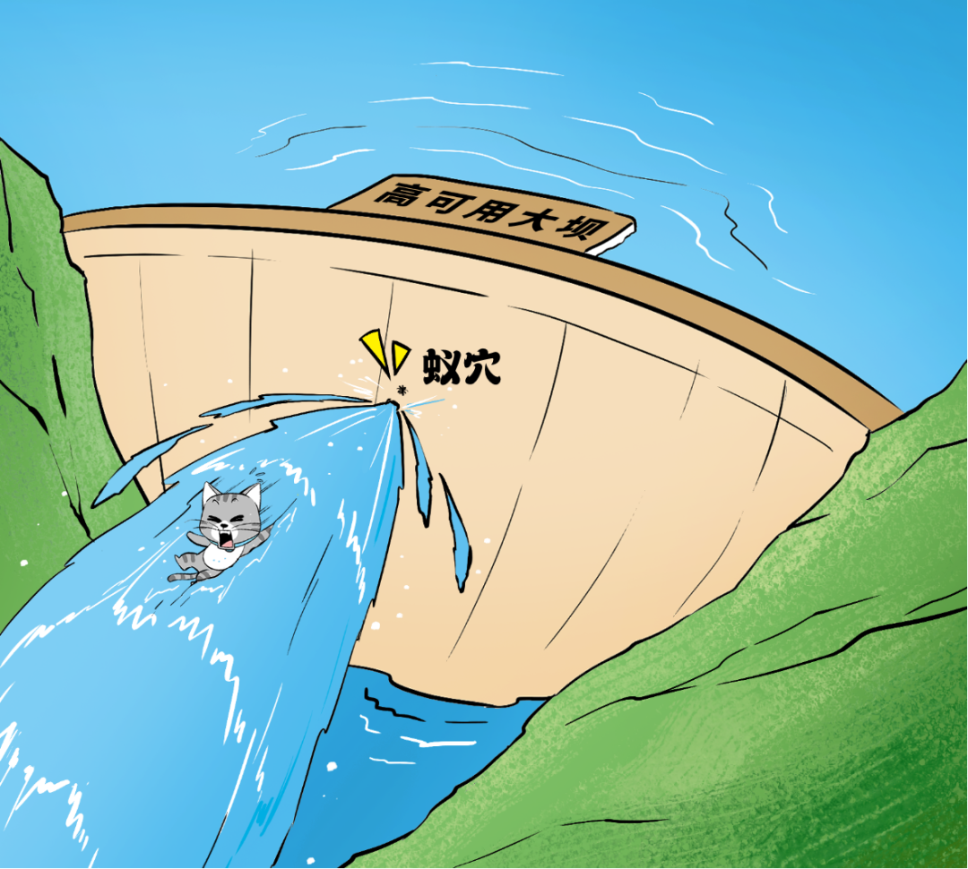 卡通插画：猫被从“高可用大坝”的“蚁穴”破洞中冲走