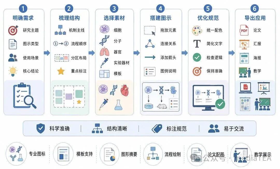 科研图示制作六步流程:明确需求→梳理结构→选择素材→搭建图示→优化规范→导出应用