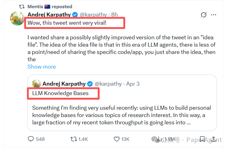 Andrej Karpathy关于LLM知识库的推文截图