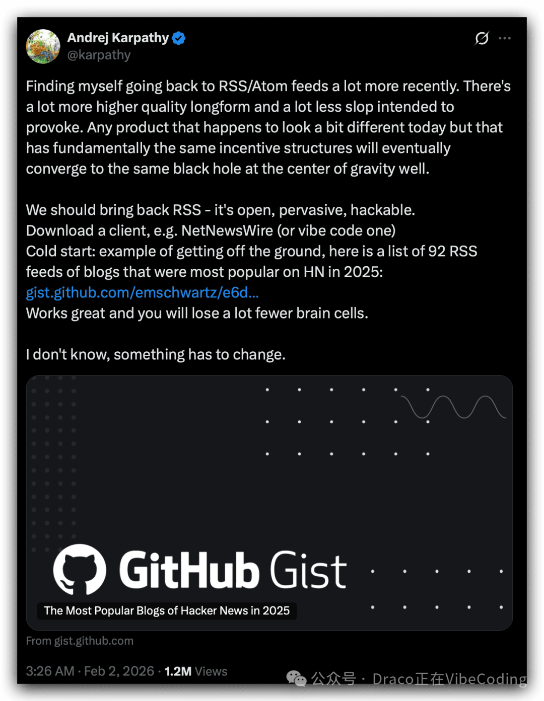 社交媒体帖子，讨论回归RSS及推荐博客列表