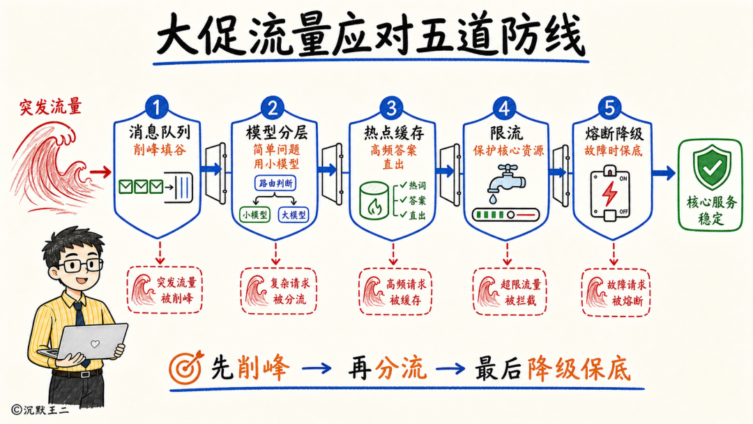 大促流量应对五道防线图:通过消息队列削峰、模型分层、热点缓存、限流和熔断降级来保障核心服务稳定