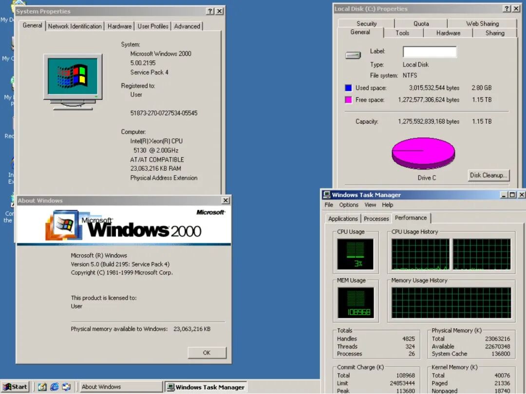 Windows 2000 系统属性、任务管理器和磁盘属性截图