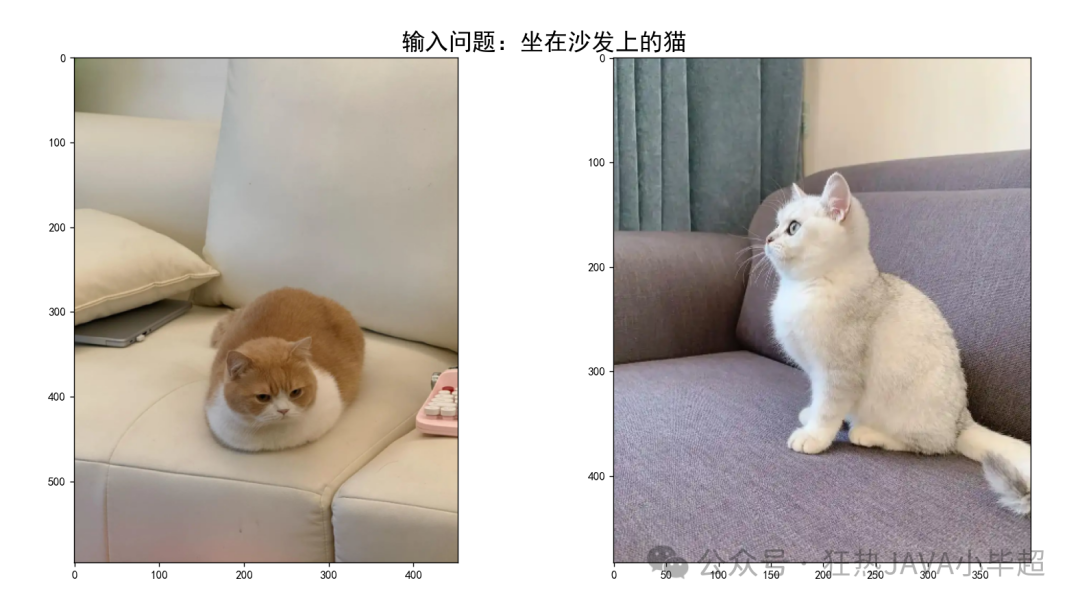 文搜图效果示例：查询“坐在沙发上的猫”的检索结果