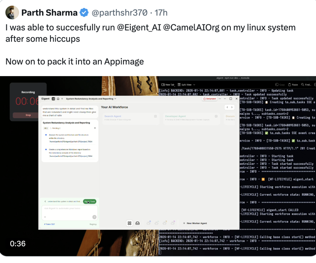 用户分享在Linux系统上成功运行Eigent的推文和截图