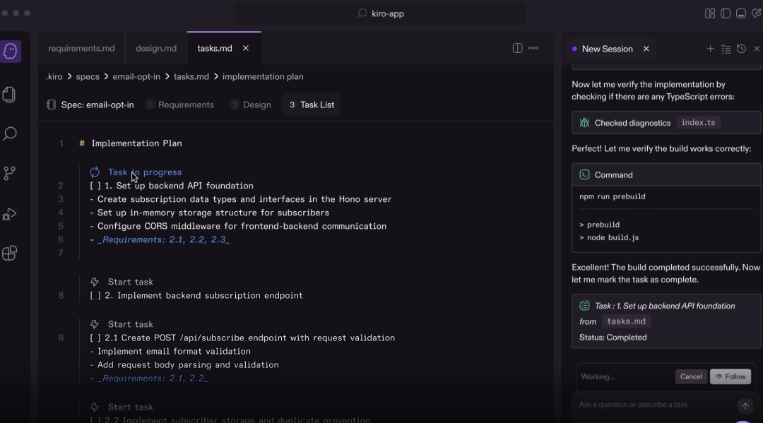 Kiro代码编辑器界面,显示任务列表和构建验证过程