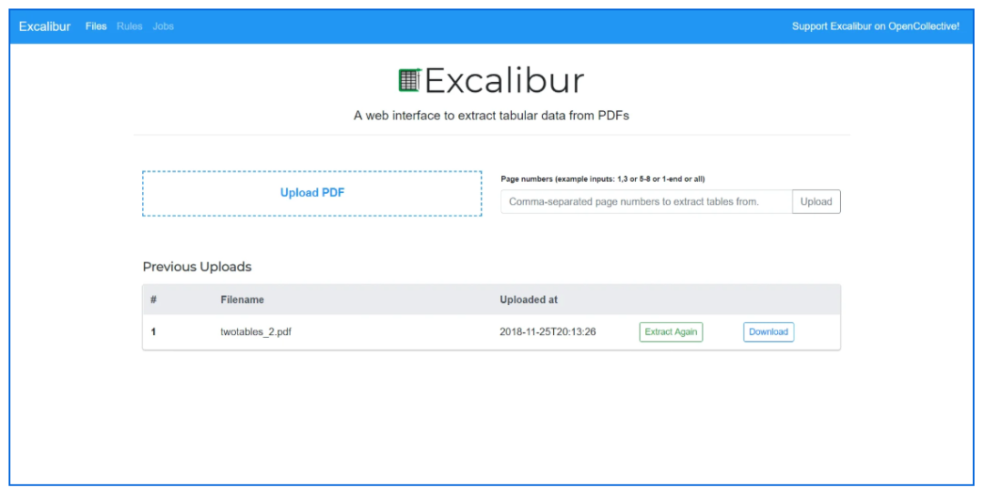 Excalibur网站主界面，展示文件上传与页面选择功能