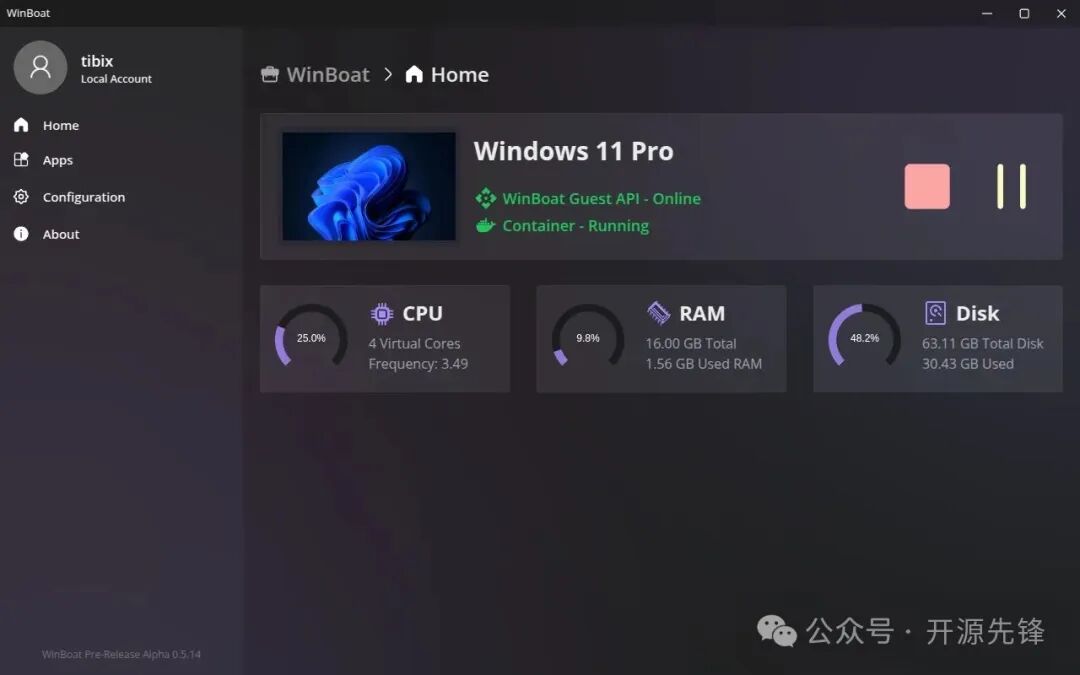 WinBoat主界面展示Windows 11 Pro运行状态