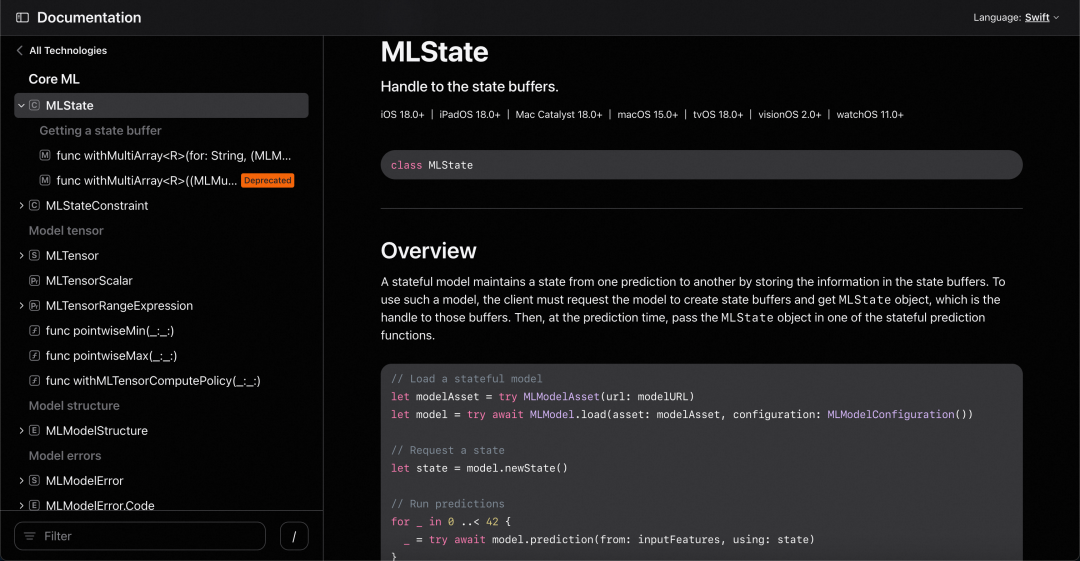 MLState文档界面：展示MLState类及其Swift代码示例