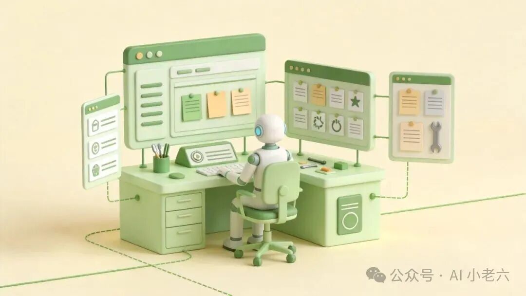 绿色风格3D插画中的机器人办公场景
