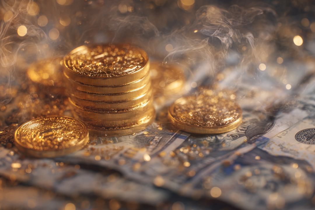 象征财富的金币与美元