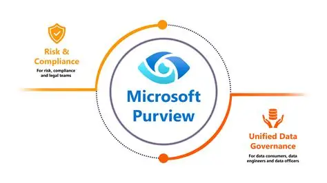 Microsoft Purview服务宣传图，展示风险合规与数据治理两大分支