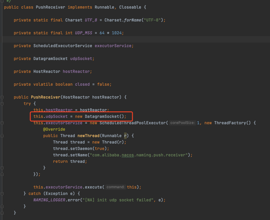 PushReceiver类初始化UDP Socket的代码片段
