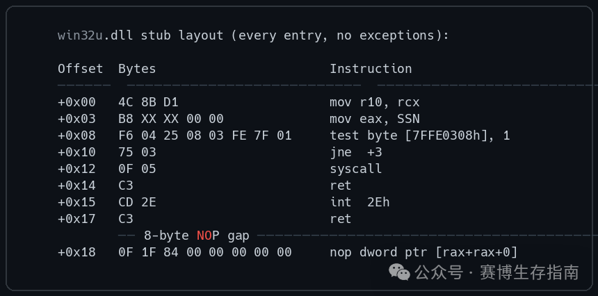 汇编代码截图展示win32u.dll中每个syscall stub的固定布局及8字节NOP间隙