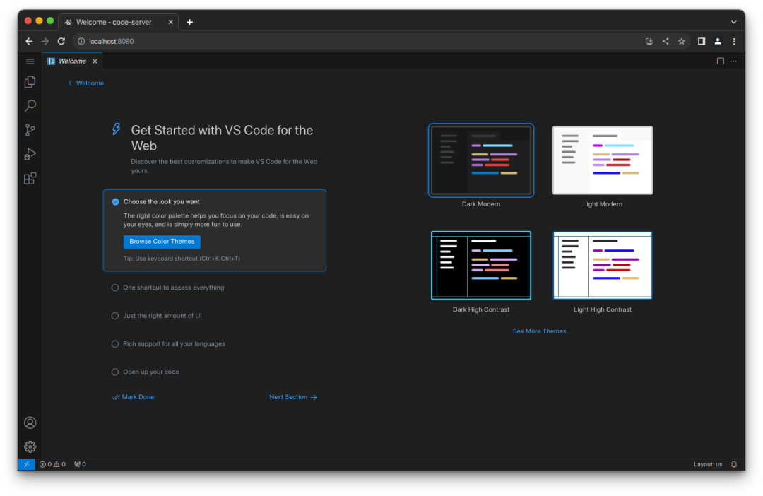 code-server 欢迎页：选择 VS Code for the Web 主题与初始化设置