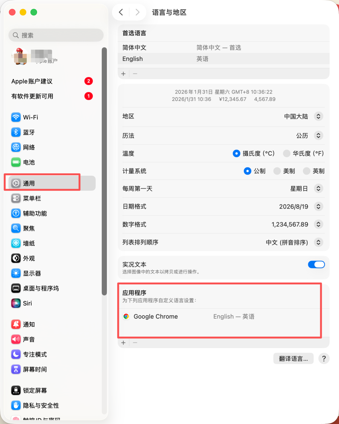 macOS系统设置中为Google Chrome应用单独设置英语语言