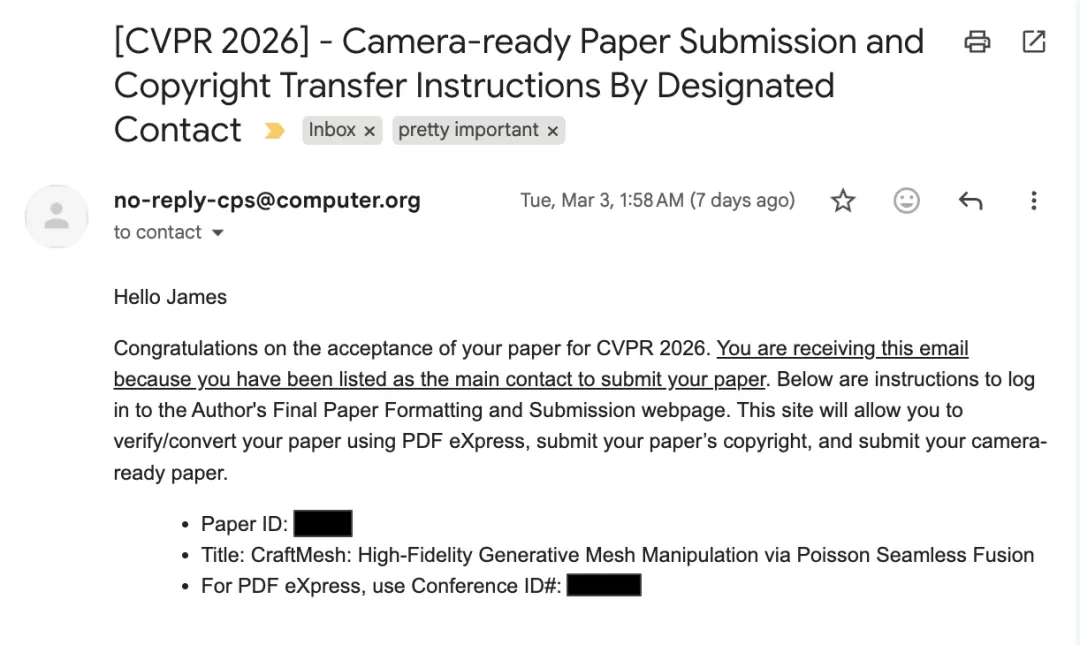 CVPR 2026论文录用通知邮件截图