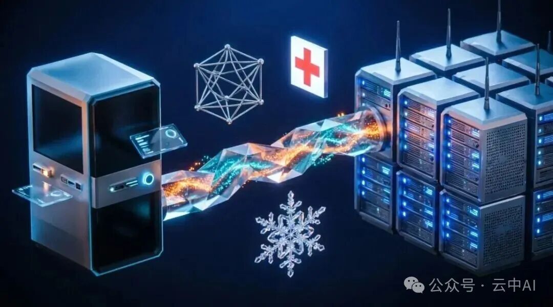 连接桌面主机与服务器机房的未来科技插画