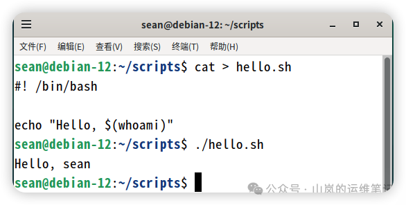 终端示例：脚本使用whoami命令自动问候当前用户