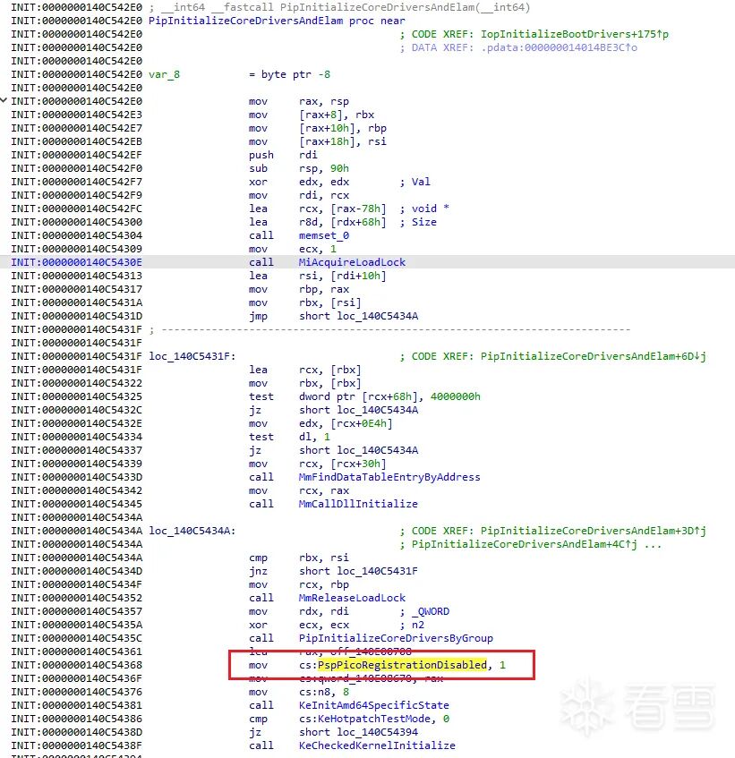 PipInitializeCoreDriversAndElam 中置 PspPicoRegistrationDisabled = 1