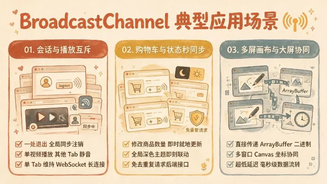 BroadcastChannel 典型应用场景：会话互斥、购物车同步、多屏画布协同
